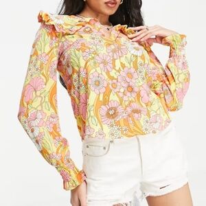 Monki frill collar shirt in retro floral print